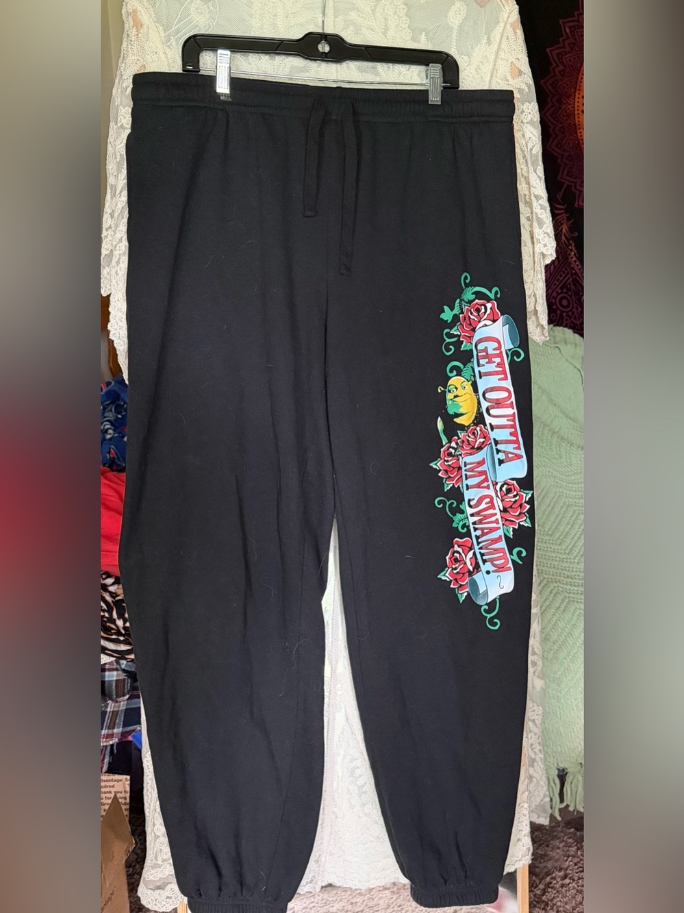 Black Joggers with Colorful Shrek Side Graphic